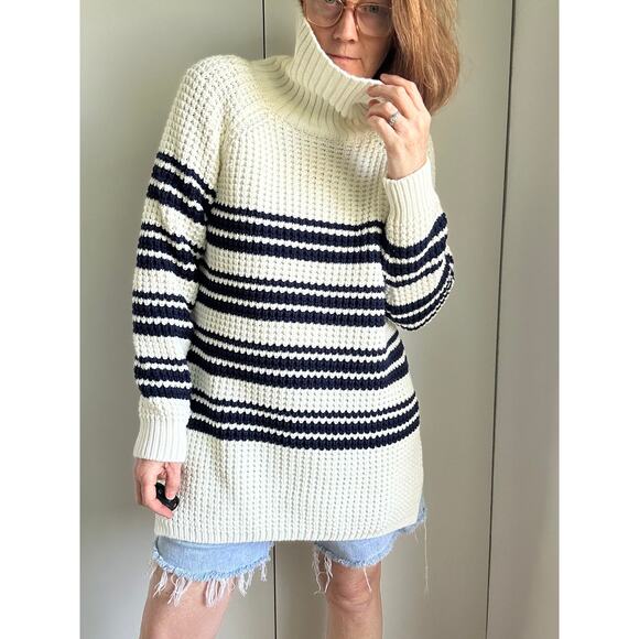 Nautical Striped Chunky Knit Sweater Size Large Cotton Lands' End Coastal Beachy - Picture 5 of 9